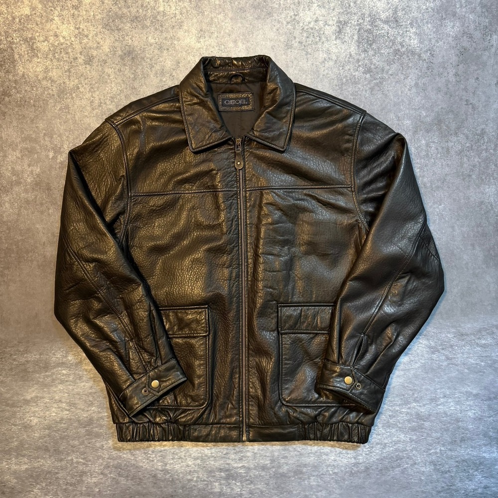 Vintage Cherokee Mens Black Leather Bomber Jacket Full Zip Quilted Lining L